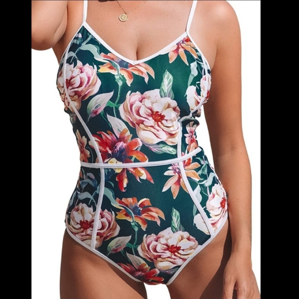 NWT Cupshe Green Floral One Piece Swimsuit size XS